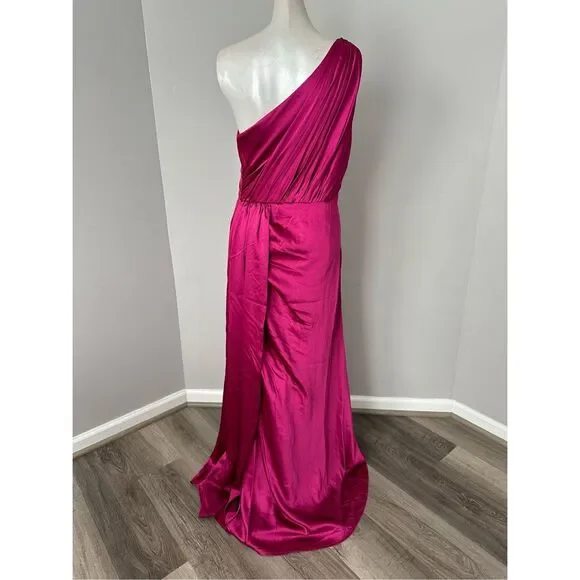 NWT Ieena for Mac Duggal One Shoulder Slit Satin Faux Wrap Maxi Gown Berry Sz 6 - Picture 10 of 13